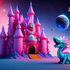 Fantasy castle with pink and blue turrets under twilight sky with moons and blue dragon