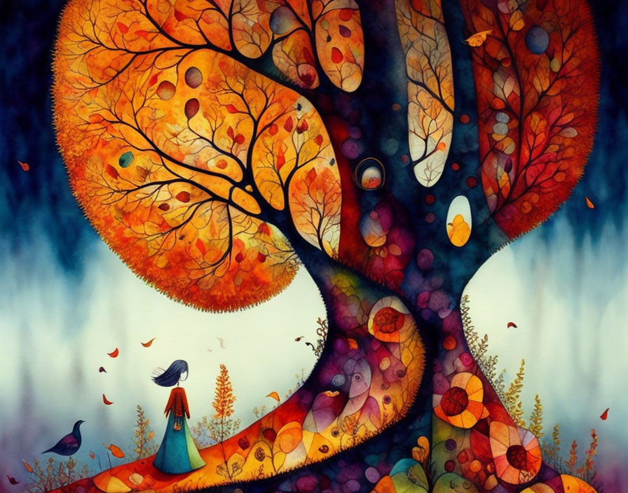 Colorful Tree Painting with Figure and Birds in Ethereal Mist