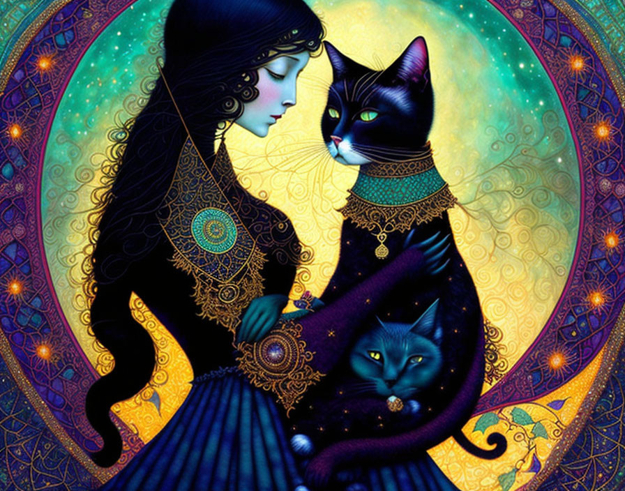 Illustration of woman embracing black cat with starry blue background