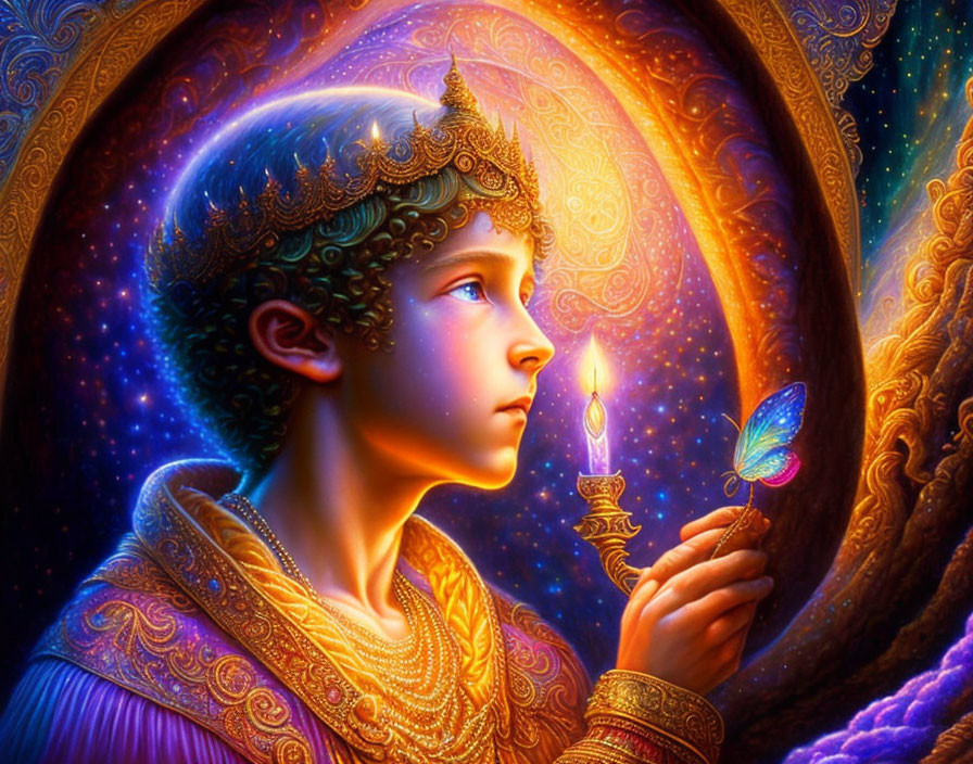 Regal child in golden crown with luminous butterfly and cosmic swirl