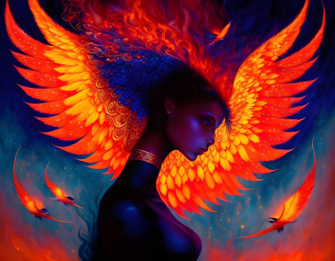 Woman with Phoenix Wings Surrounded by Flames and Smaller Phoenixes