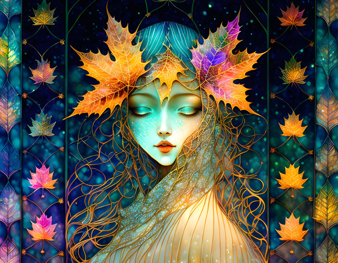 Fantasy illustration: Woman with autumn leaves hair and crown in colorful mystical backdrop.