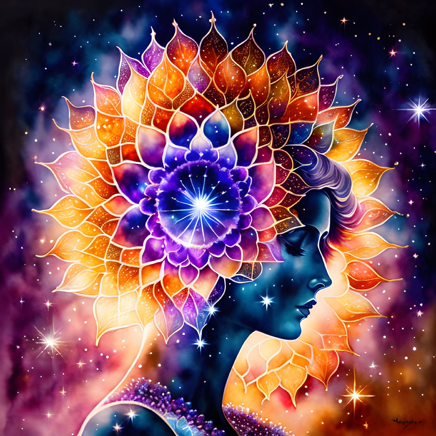 Colorful cosmic portrait with mandala against starry backdrop