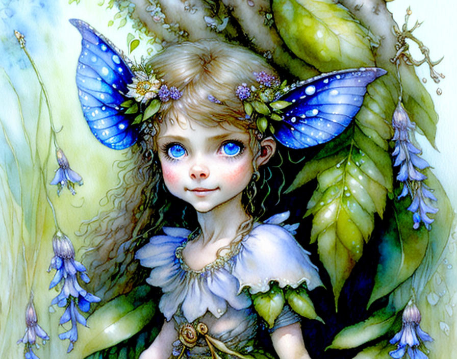 Whimsical fairy with blue butterfly wings among green leaves