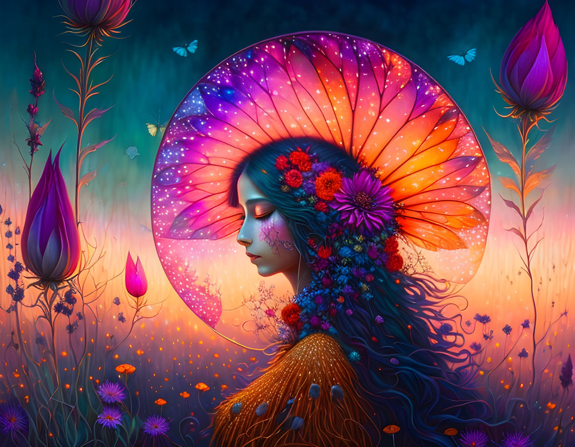 Vibrant woman with floral halo and butterflies in whimsical scene