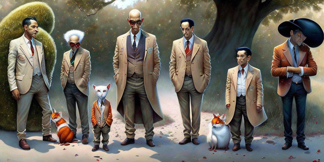 Seven men in stylish attire with unique animal head features and two foxes in mystical forest setting.