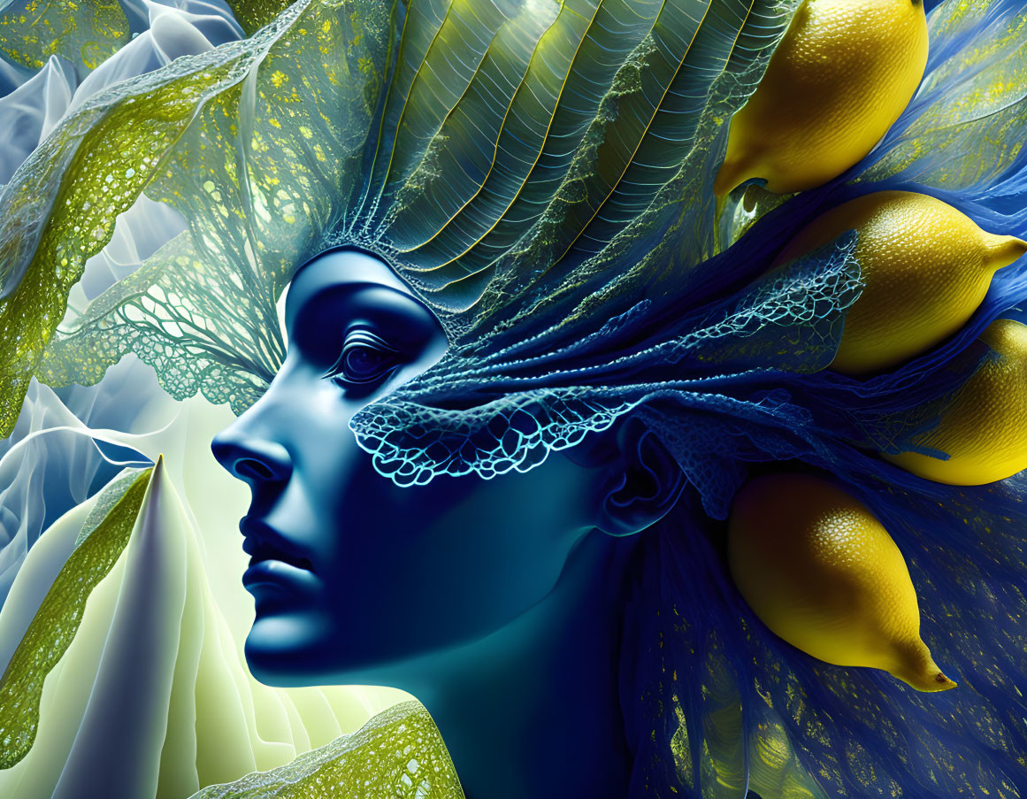 Blue-skinned woman with intricate leaf patterns and yellow elements in digital art