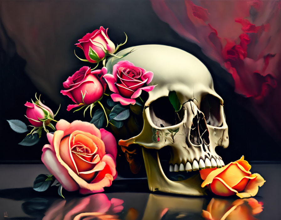 Skull surrounded by colorful roses on dark background