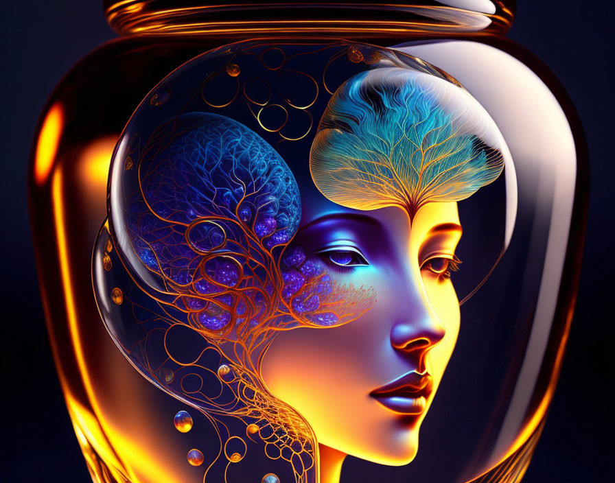 Surreal digital artwork of woman's profile with transparent head and vibrant blue brain, intertwined with golden