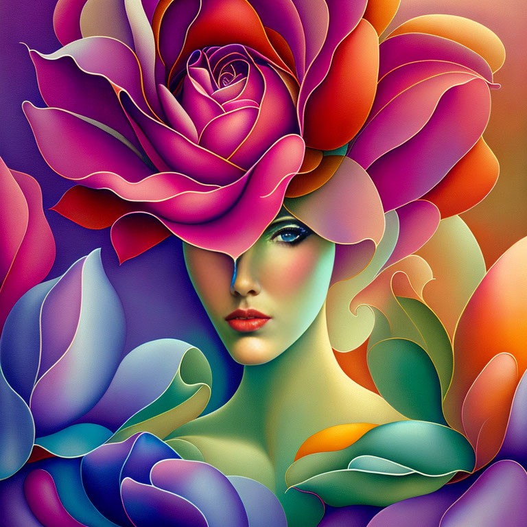 Colorful digital artwork: Woman's face merges with vibrant rose petals
