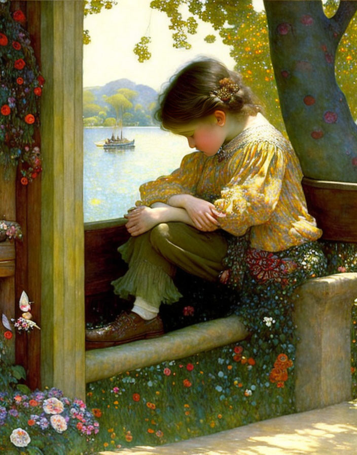 Young girl on stone ledge gazes at boat in garden setting