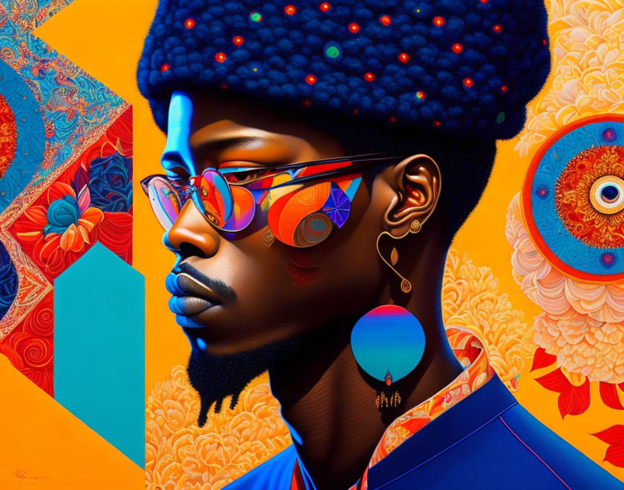 Colorful digital portrait with stylish sunglasses and confident gaze on patterned backdrop.