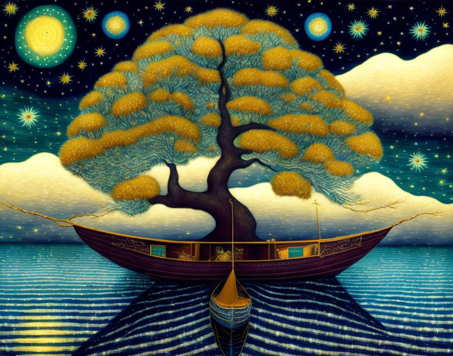 Stylized illustration: Tree, boat, canoe on starry night