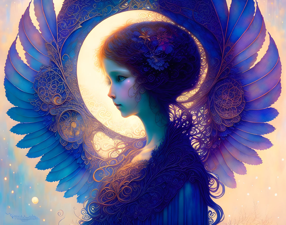 Digital Artwork: Female Figure with Blue Wings and Ornate Patterns