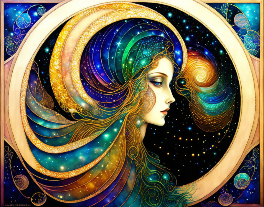 Illustration of woman with flowing hair in cosmic background