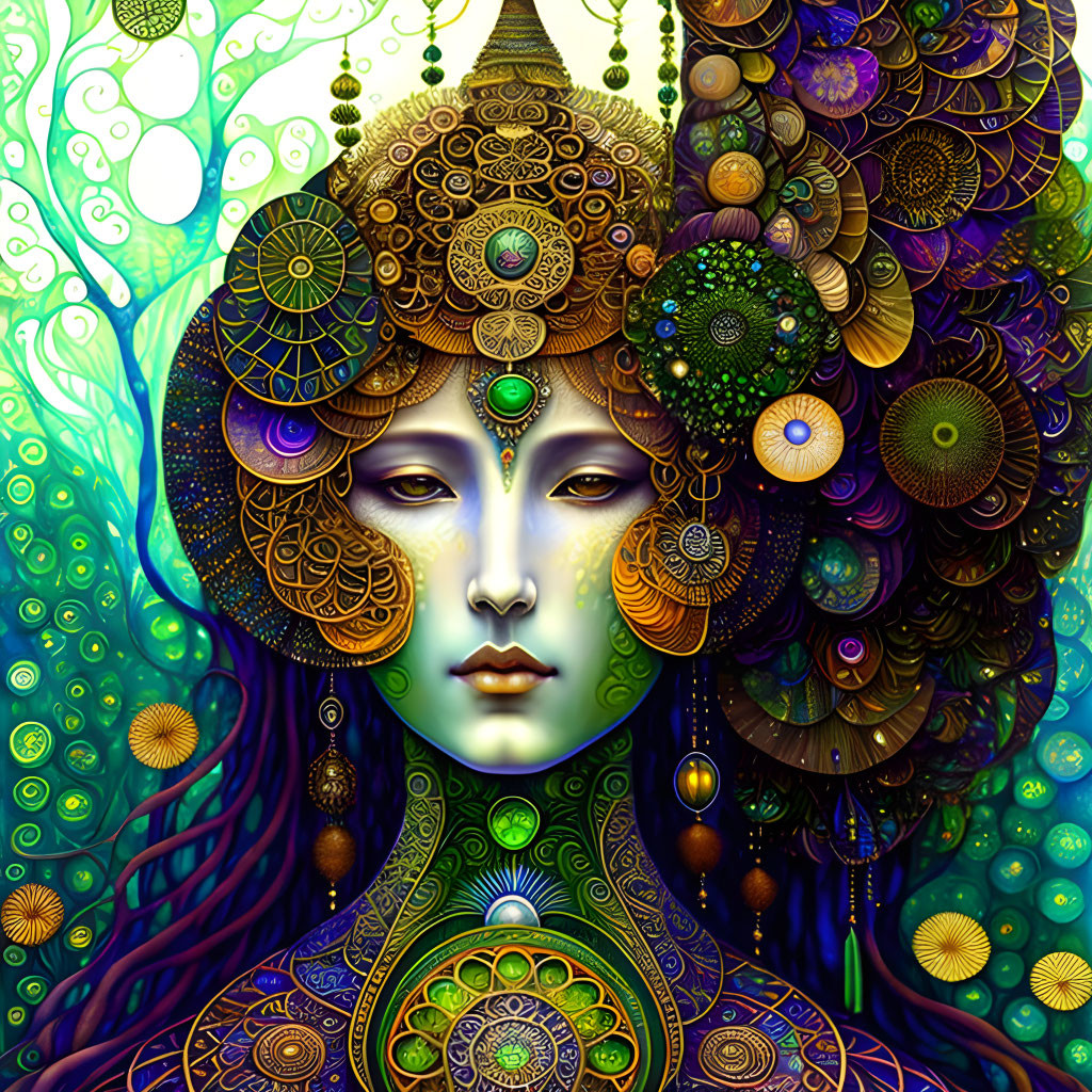 Colorful illustration of woman with ornate headdress against swirling green and purple backdrop