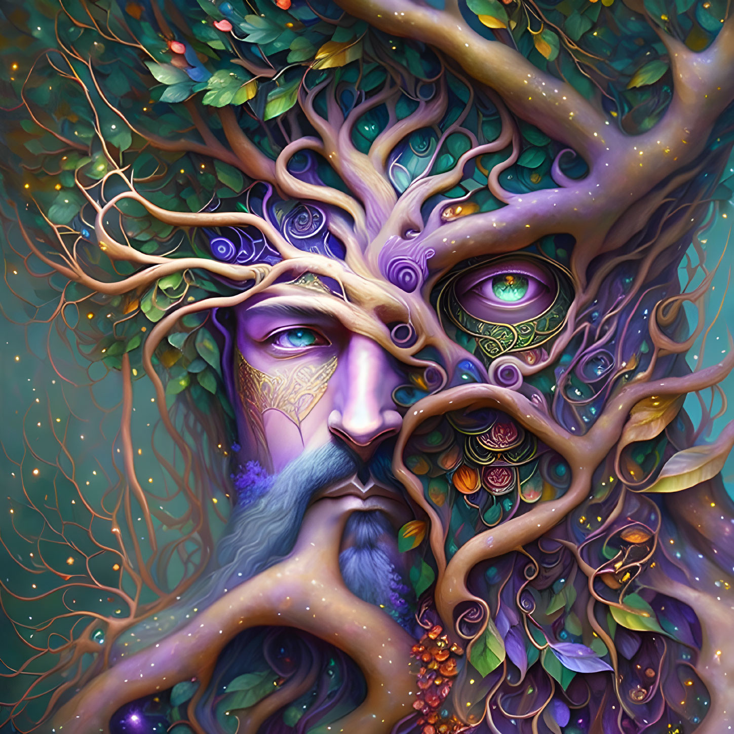 Man's face merges with tree elements in vivid green and purple illustration