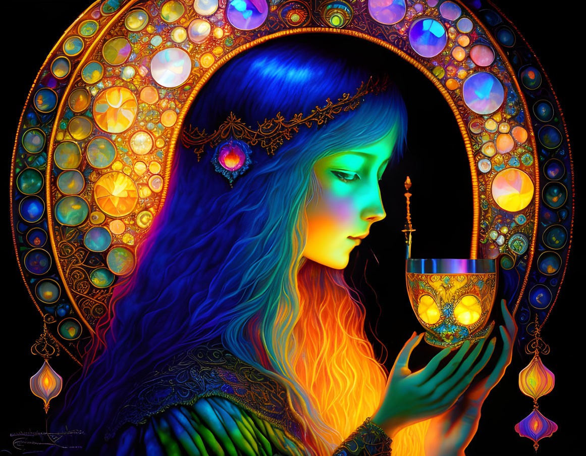 Illustration: Woman with Blue Hair Holding Glowing Chalice in Ornate Circular Window