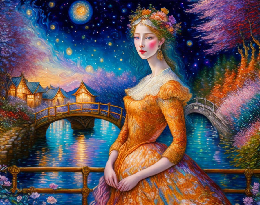 Elegant woman in ornate orange dress under star-filled night sky