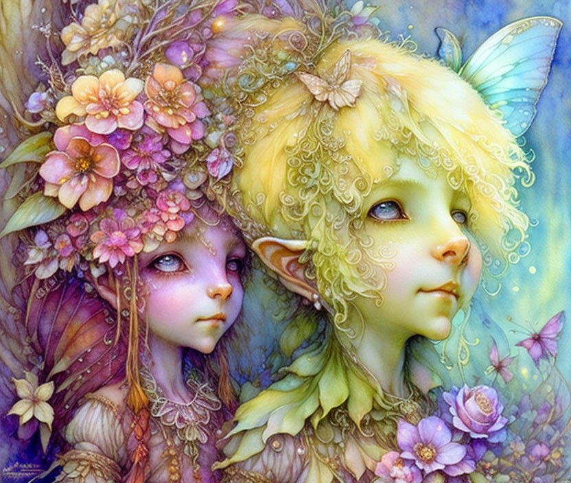 Colorful Fairy Characters with Floral and Butterfly Adornments