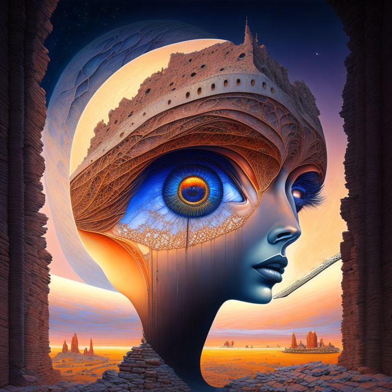 Surreal female figure with landscape head and desert backdrop