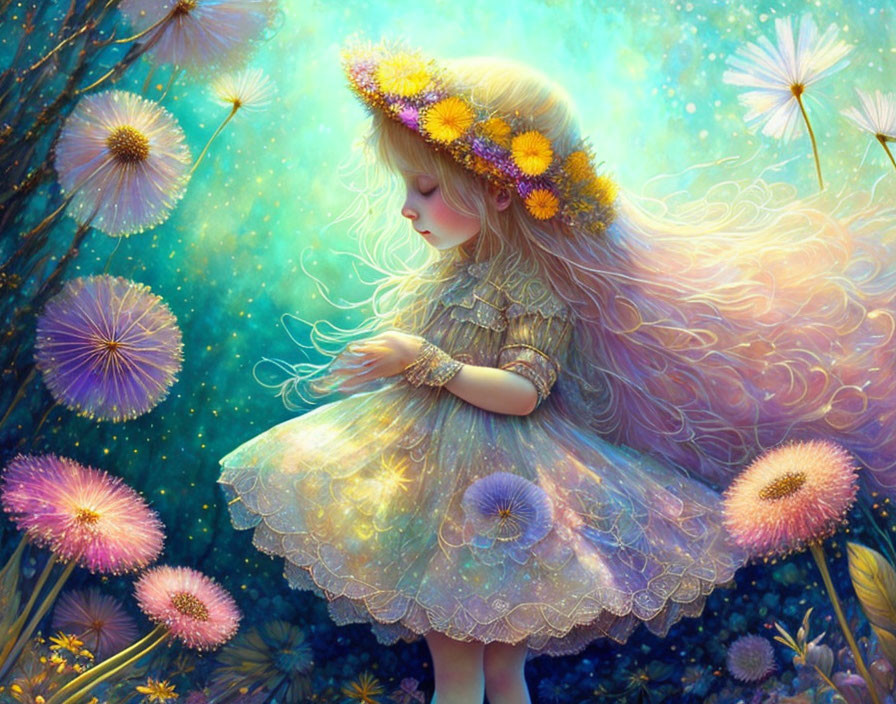 Illustration of young girl with flower-adorned hair in glowing dandelion field