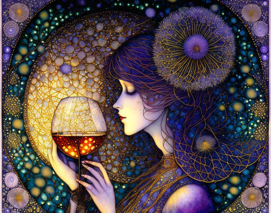 Illustration of woman with red wine in cosmic-themed design