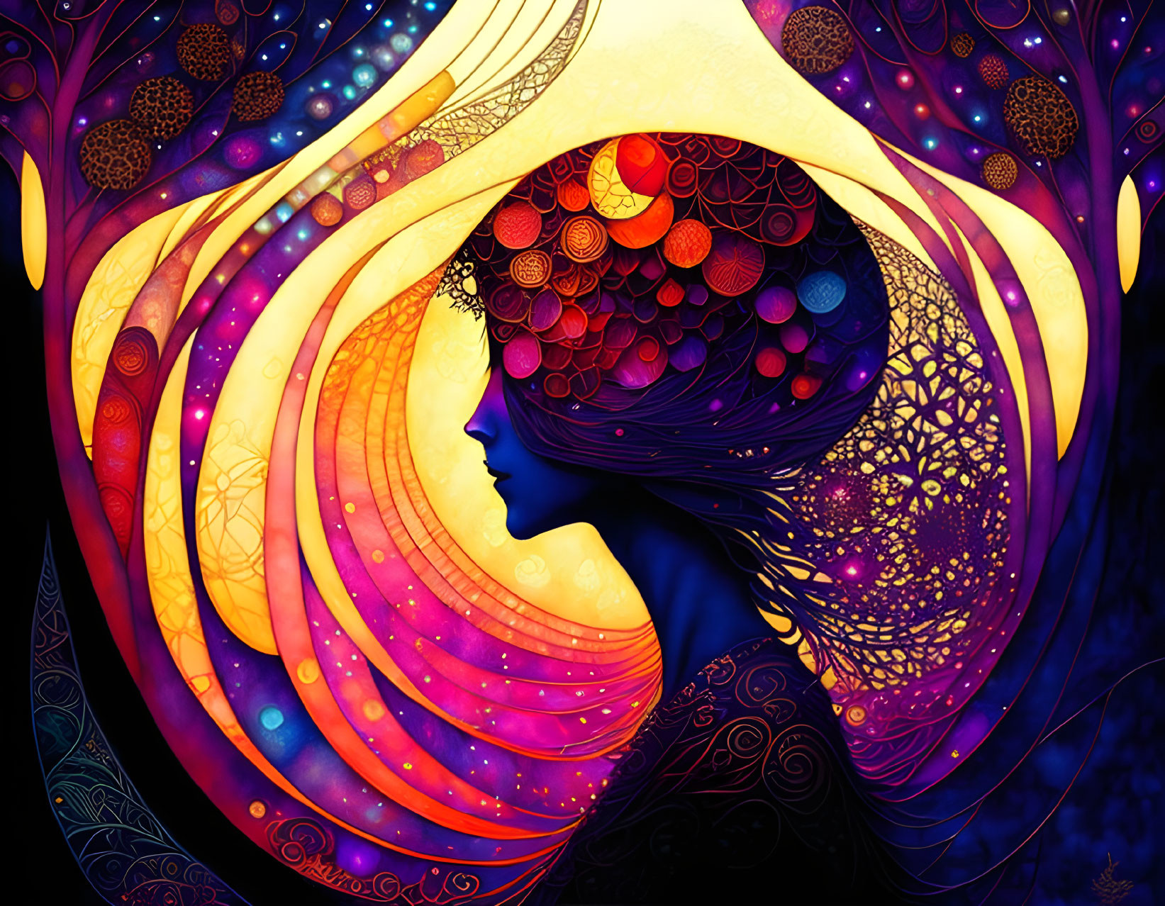 Colorful Cosmic Silhouette Illustration with Vibrant Patterns