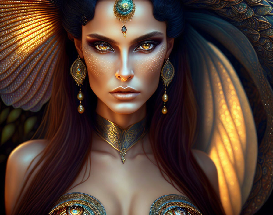 Elaborate golden jewelry, ornate headpiece, and mystical tattoos on a woman