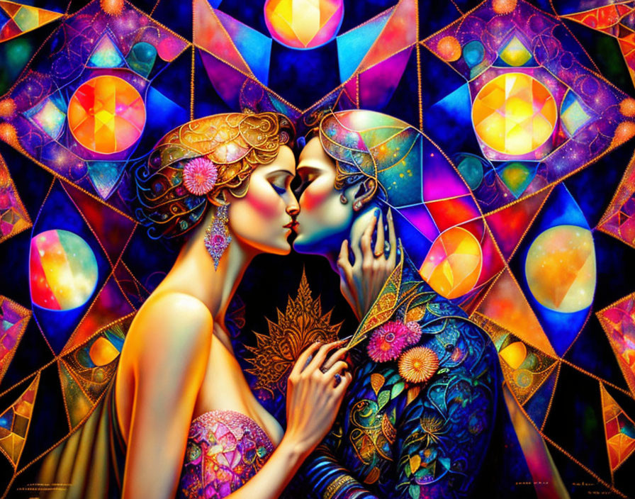 Vibrant image: Two figures embracing amid geometric shapes