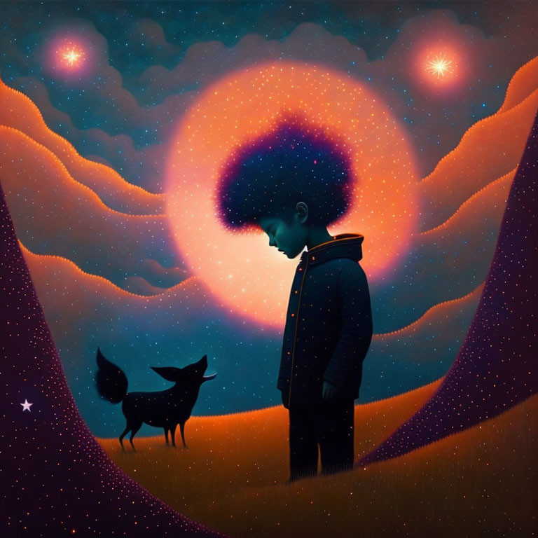 Boy and dog with cosmic hairdo in front of vibrant starry backdrop