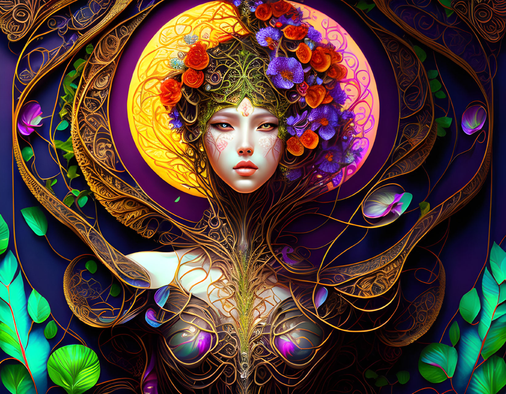 Detailed digital artwork: Woman with floral headdress in ornate setting