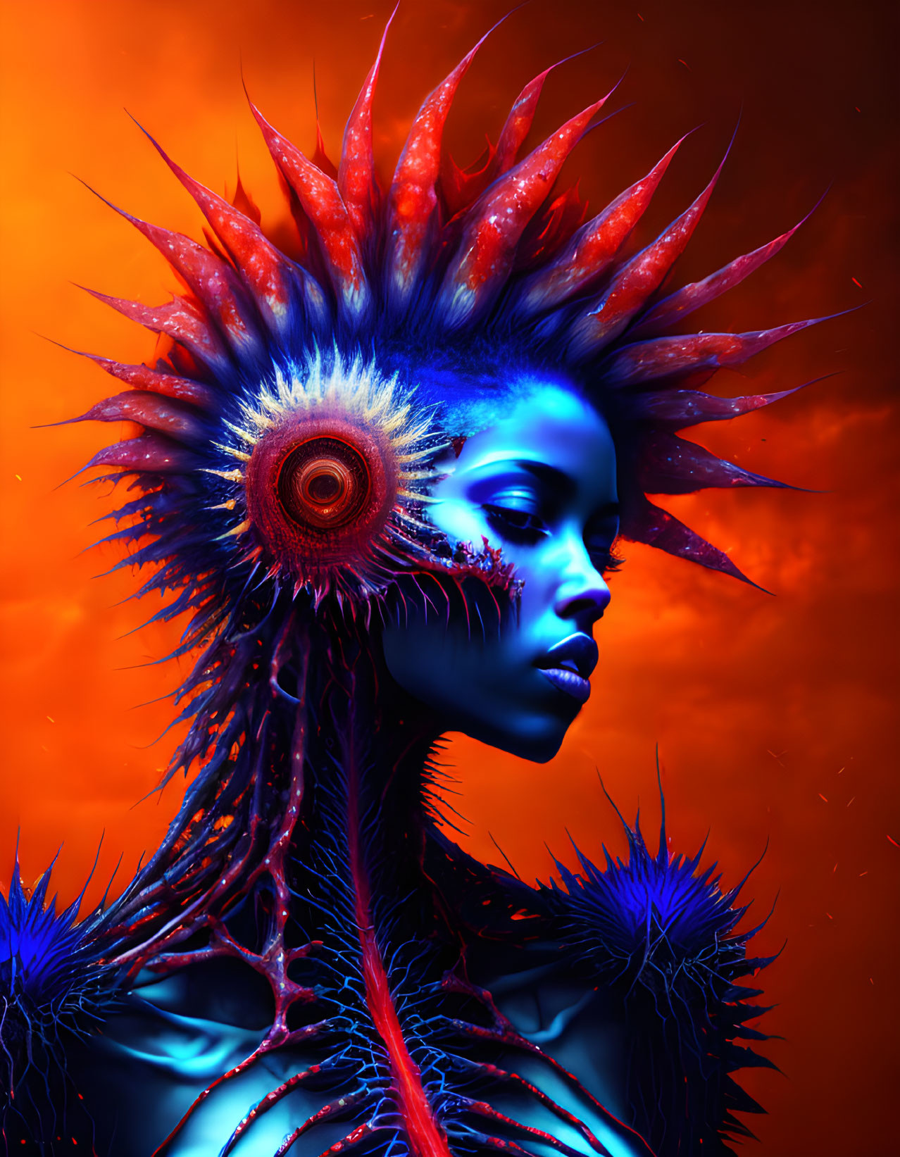 Vivid portrait of woman with dramatic headgear and body art in blue and orange hues