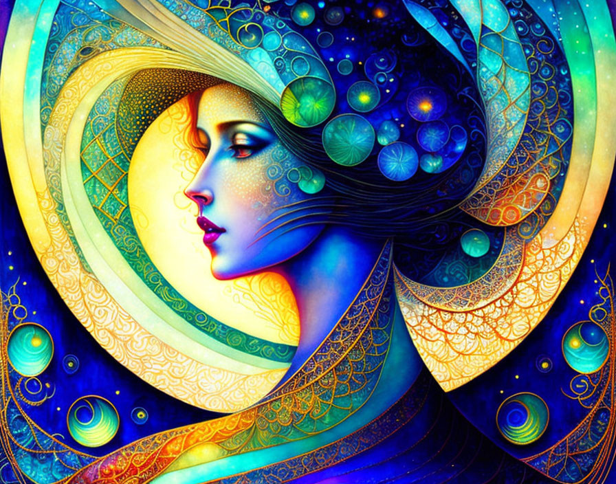 Colorful Stylized Woman with Celestial Motifs in Blue, Gold, and Purple