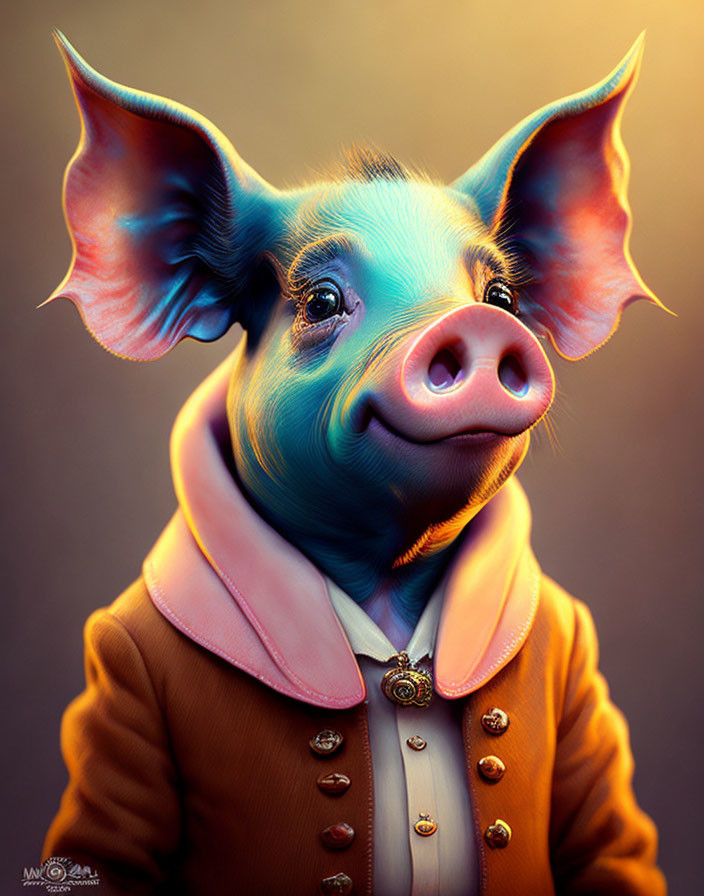 Anthropomorphic pig in orange jacket with golden buttons