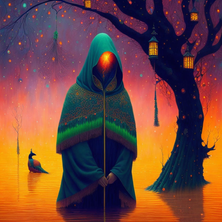 Cloaked figure in mystical sunset with peacock and lanterns