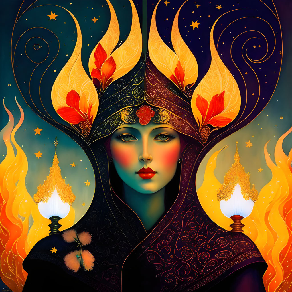 Colorful Stylized Woman with Mystical Headdress & Flame Motifs