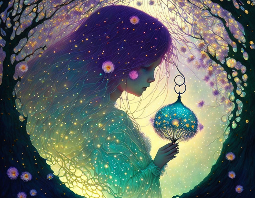 Illustration of girl with purple hair in enchanted forest with lantern & glowing flowers