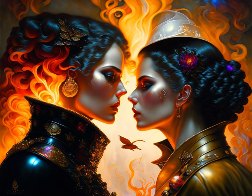 Stylized women in knight armor and vintage dress in fiery backdrop with bird