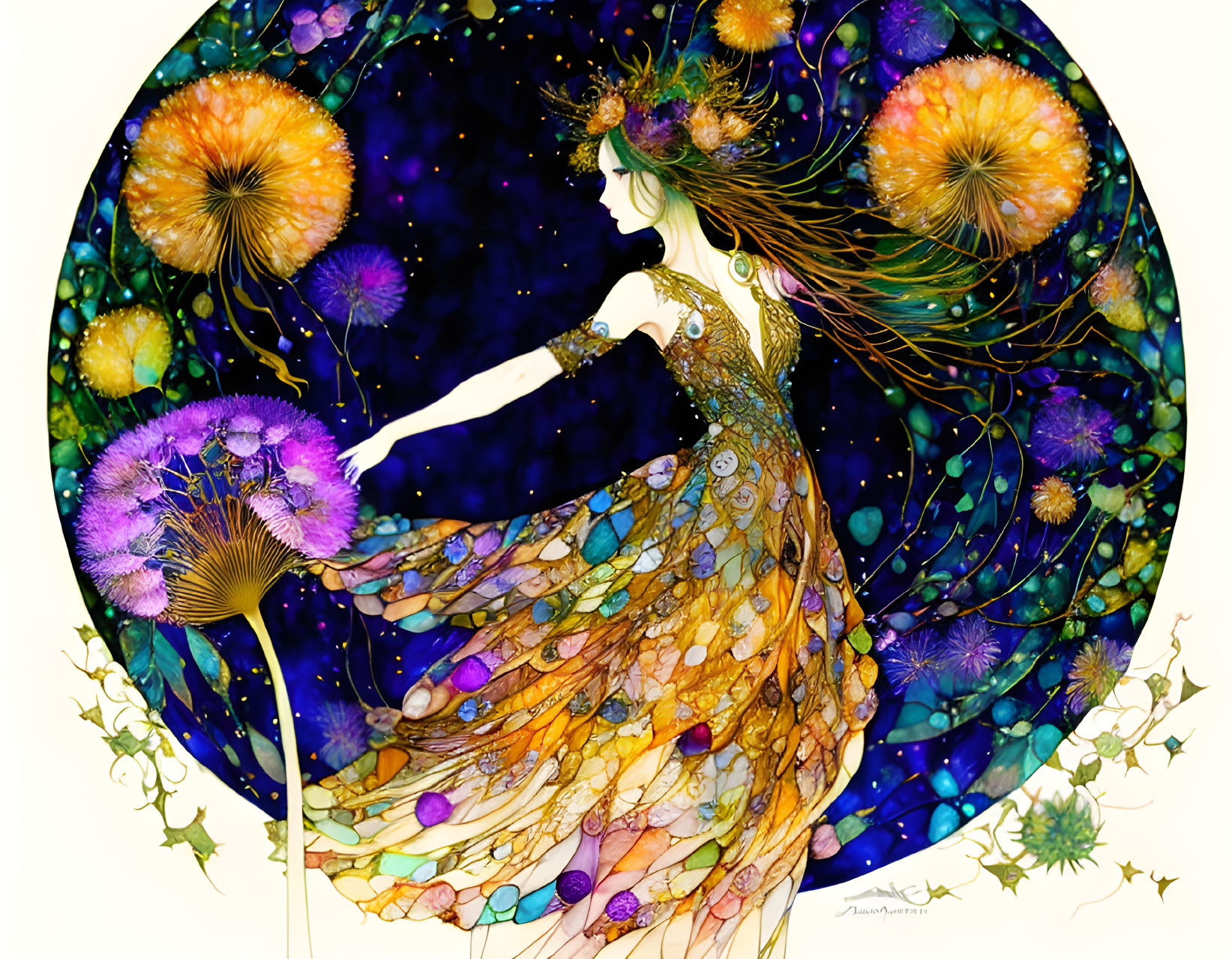 Illustration of woman in ornate gown among vibrant flowers & cosmic backdrop