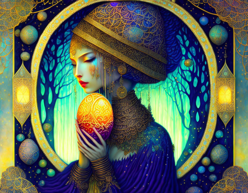 Woman in ornate blue and gold attire holding intricate egg in mystical forest.