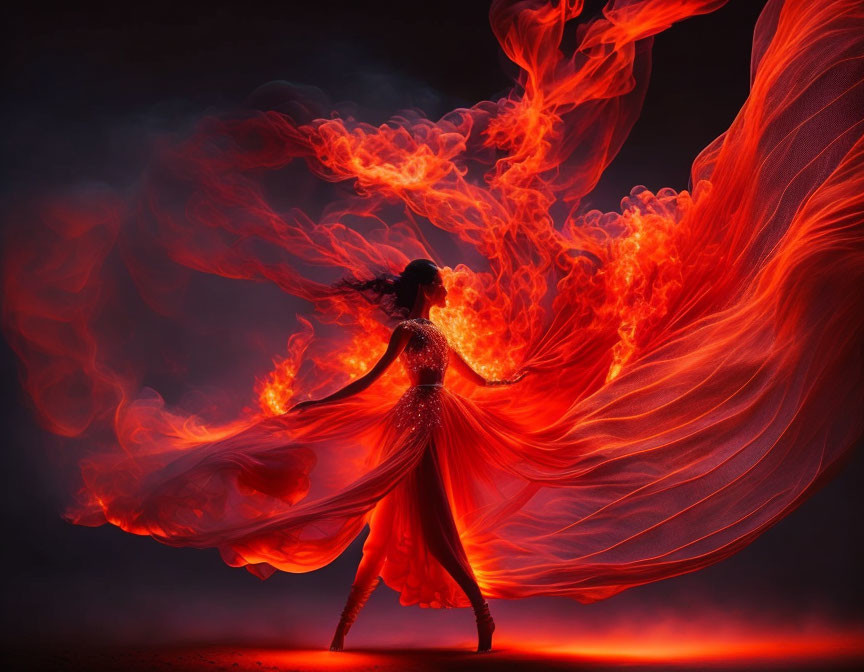 Fiery red dress dancer surrounded by dramatic flames