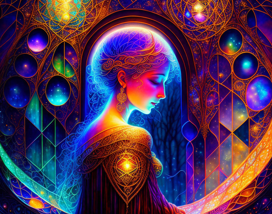 Vibrant illustration of a mystical woman with glowing patterns.