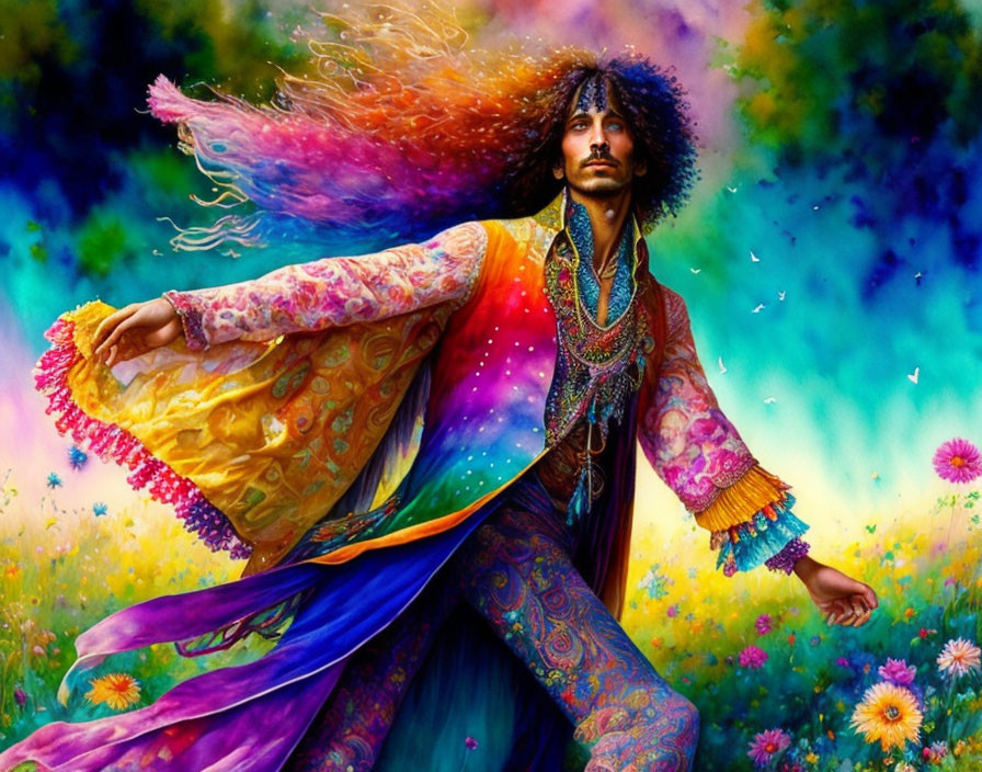 Colorful Psychedelic Painting of Man with Flowing Hair in Vibrant Attire