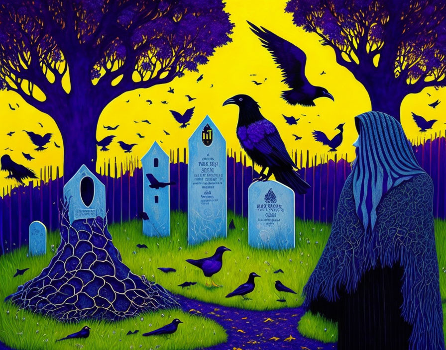 Illustration of cemetery at dusk with tombstones, birds, and cloaked figure