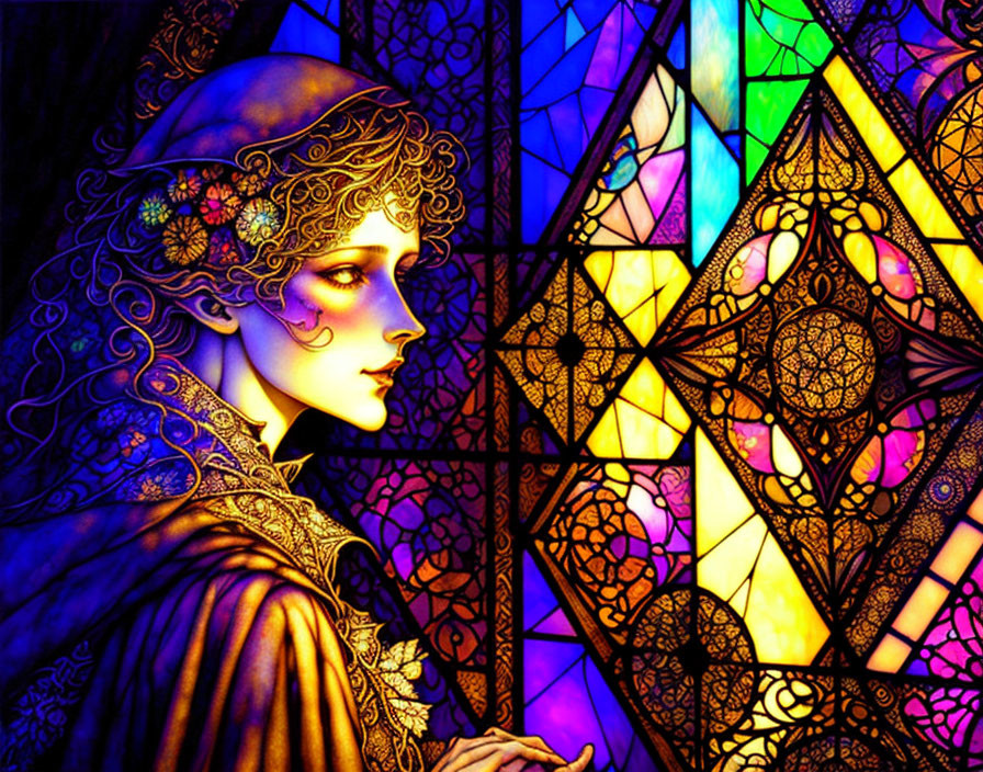 Vibrant woman illustration in front of ornate stained glass window