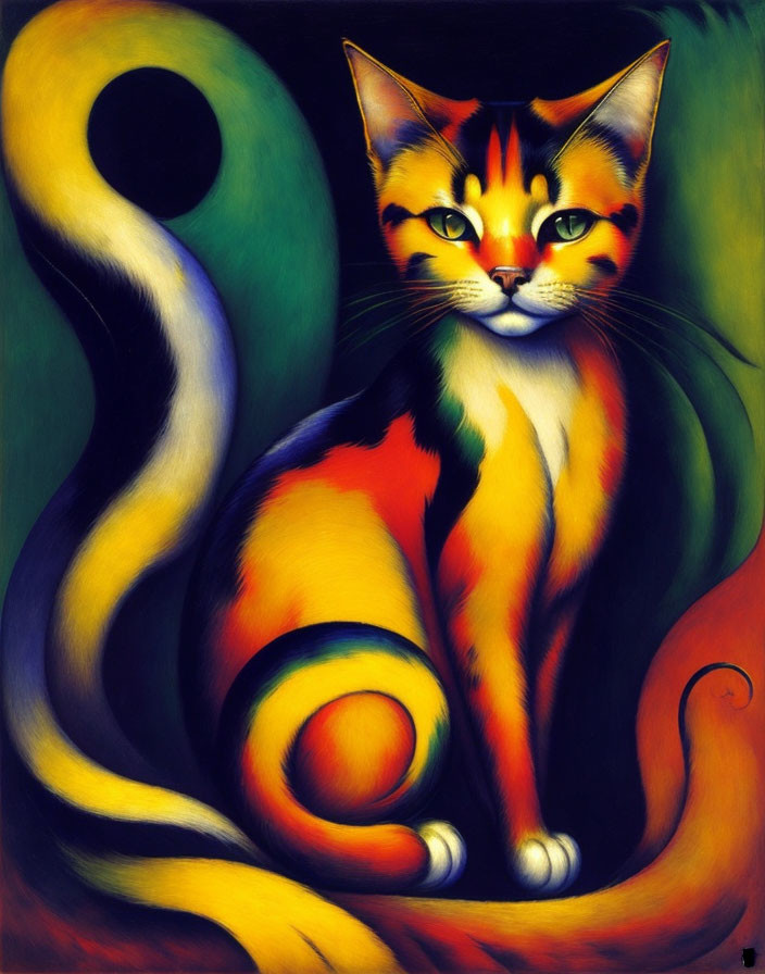 Vibrant cat painting with yellow, orange, and black hues