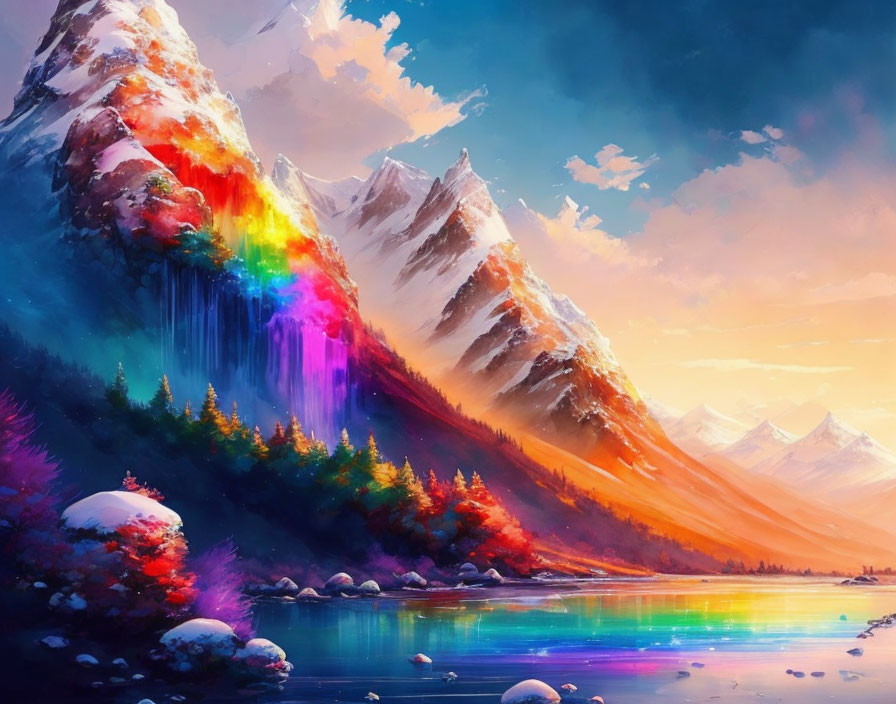 Digital Art: Mountain Landscape with Rainbow Waterfall & Serene Lake