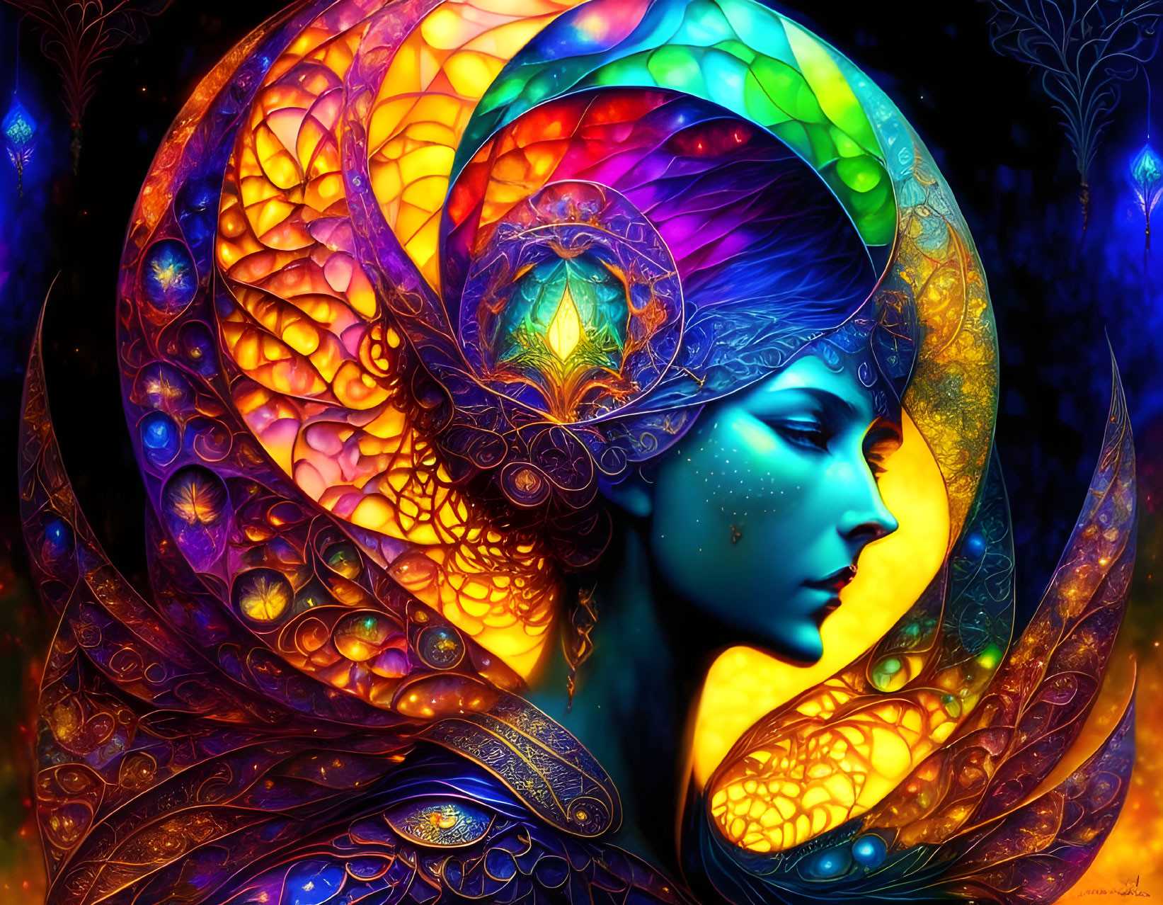 Colorful digital artwork of woman with intricate butterfly wing headdress