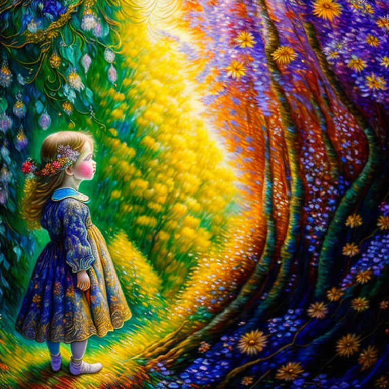 Young girl in floral dress on vibrant forest pathway